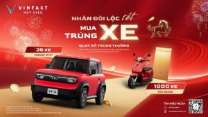 Poster chương trình Nhân đôi lộc Tết VinFast mua xe trúng 26 ô tô điện VF3 và 1000 xe máy điện Evo Grand
