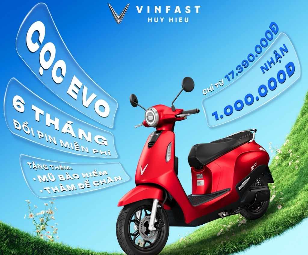 VinFast Evo đổi pin màu đỏ với ưu đãi 6 tháng đổi pin miễn phí tại VinFast Huy Hiệu