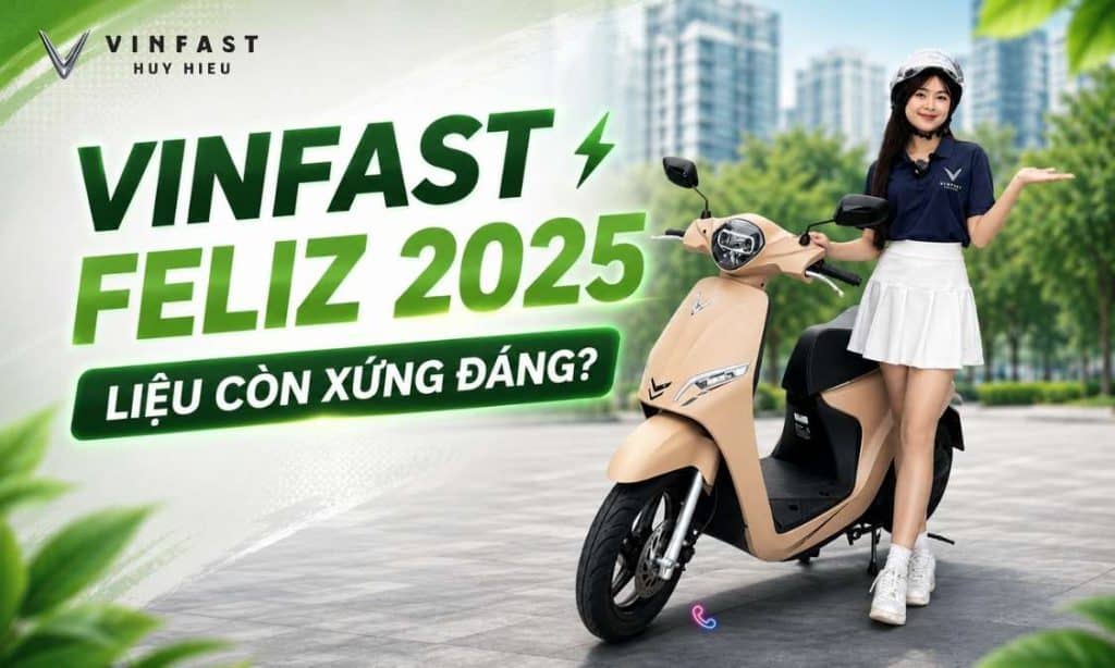 Hình ảnh VinFast Feliz 2025 màu vàng cùng tiêu đề đánh giá xe. Bài viết phân tích ưu điểm, nhược điểm và khả năng cạnh tranh của Feliz 2025 trong phân khúc xe máy điện tầm trung.