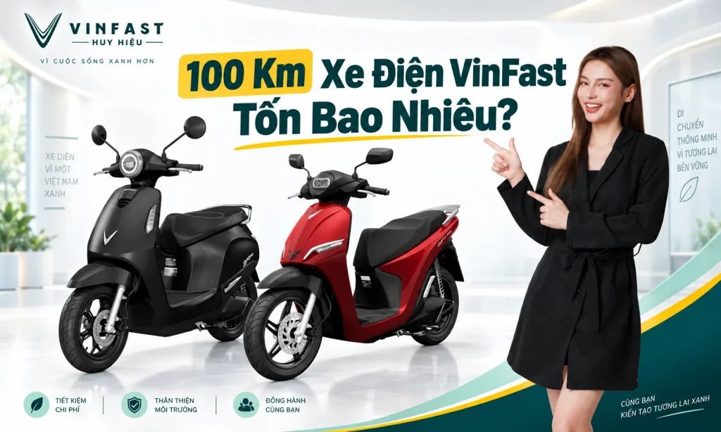 Đi 100 Km Bằng Xe Máy Điện VinFast Tốn Bao Nhiêu Tiền Điện?